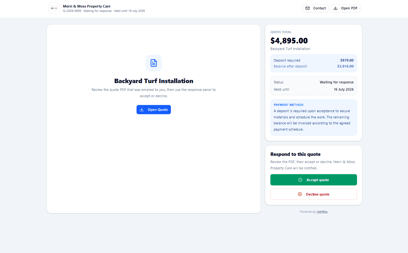 Public JobWay quote page with a deposit, total, valid-until date and accept or decline buttons